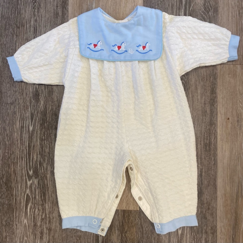 Baby Dior White Quilted Baby Romper with Blue Bib Collar